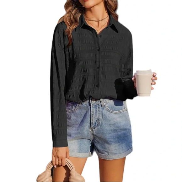 NWT Women’s Oversized Button Down Lightweight Shirt Square Textured Blouse - Picture 4 of 9